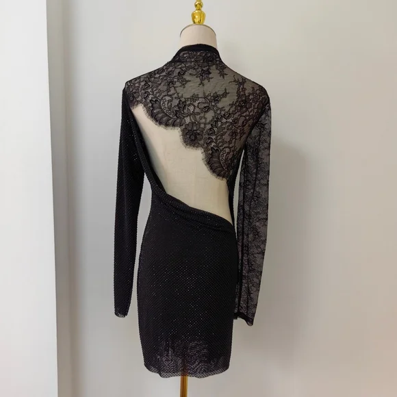 Self-Portrait Black Rhinestone Mesh Cut Out Mini Dress Self-Portrait Black Rhinestone Mesh Cut Out Mini Dress